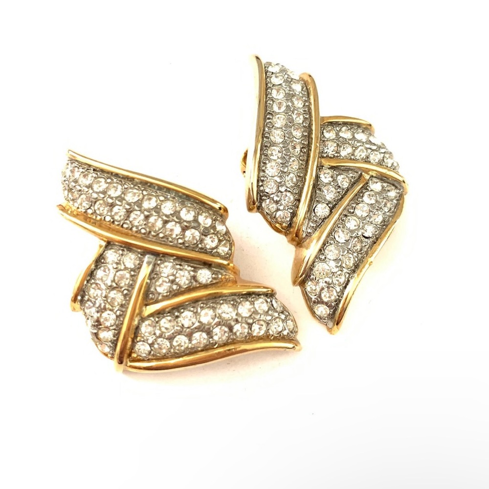 Vintage Pave Thunderbolt Gold Plated Statement Clip Earrings